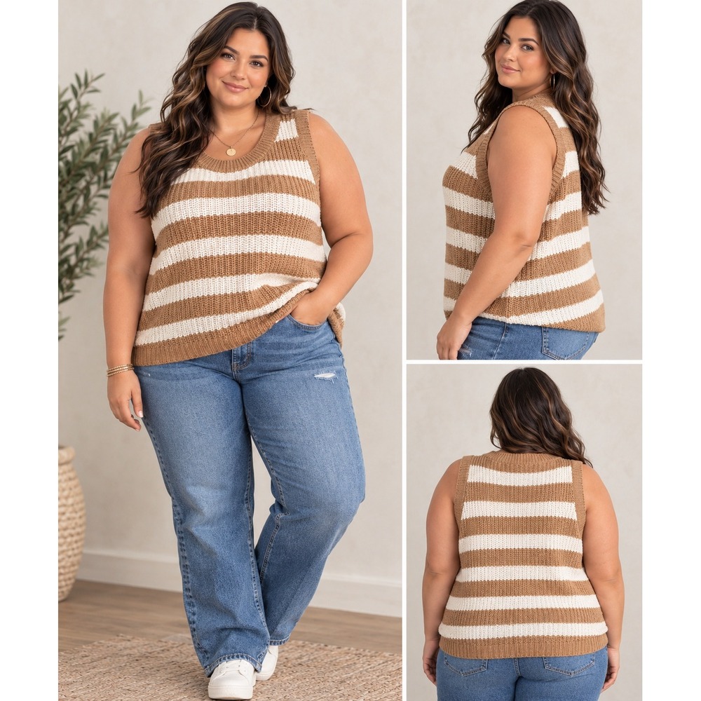 Sonoma Sweater Vest Womens 3X Tan White Striped Shaker Knit Vest Preppy Earthy